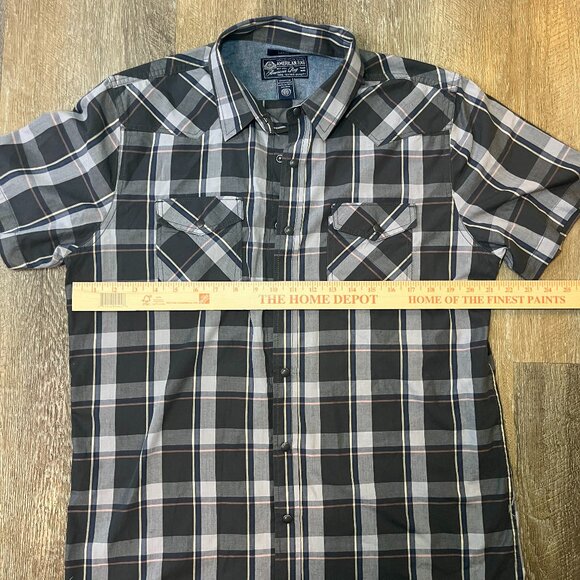 American Rag Mens Large Gray Blue Plaid Snap Button Short Sleeve Shirt - Picture 6 of 7